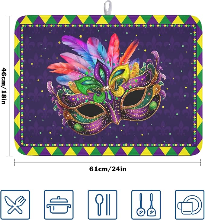 Mardi Gras Dish Drying Mat for Kitchen Counter Masquerade Mask Feather Drying Mats Absorbent Reversible Microfiber Washable Draining Pad Washable Dry Mat 18x24 Inch