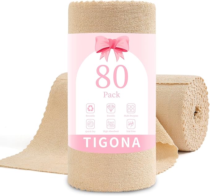 80 Pack Microfiber Cleaning Cloth Roll,Lint Free Rags & Tear Away Reusable Towels Washable Scratch,Ultra Absorbent Dish Rags(12" x 12") for Car Kitchen Home Garage-Apricot Yellow