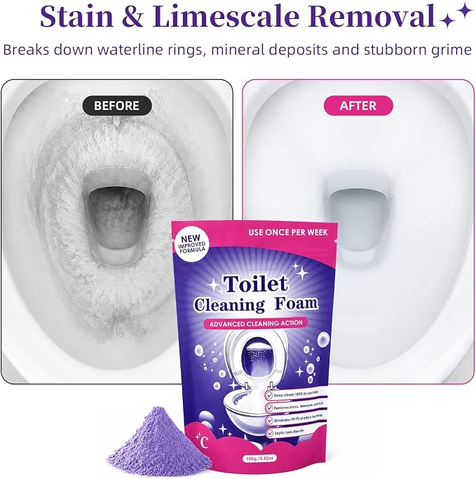 Toilet Cleaning Foam Powder, Toilet Bowl Cleaner for Limescale, 3.52 Oz | Self-activating foam helps loosen hard water marks, yellow stains, toilet rings and mineral buildup for easier bowl care