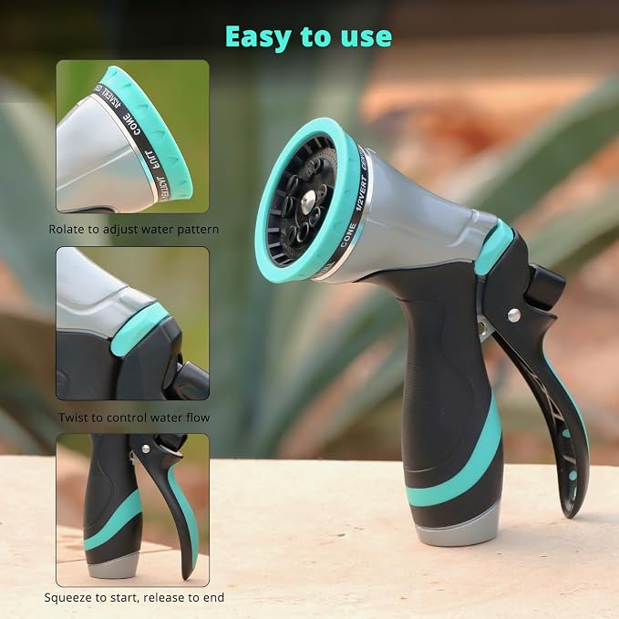 QUOBAS Metal Garden Hose Nozzle, Heavy Duty Water Hose Sprayer, Leak Proof | 10 Pattern Water Nozzle with Rubber Gasket, Garden Sprayer for Watering Plants, Washing Cars, Pet Shower, Blue, 2-Pack