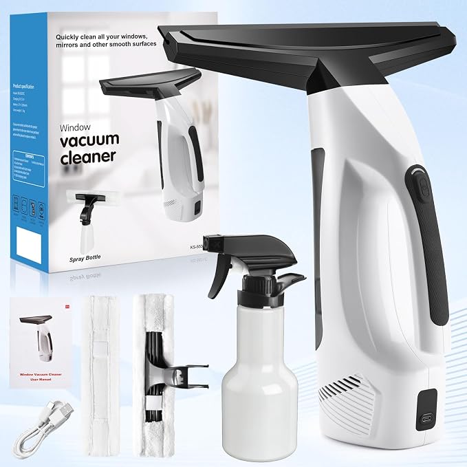 Window Vacuum Squeegee Cordless, 3-in-1 Electric Window Cleaner Tool with 2200Pa Strong Suction, 2200mAh Rechargeable Battery & 200ml Water Tank, Streak-Free for Shower Doors, Mirrors, Car, Windows