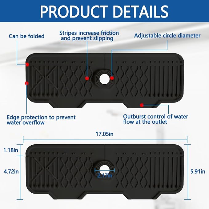 Kitchen Sink Accessories -17" x 6'' Sink Splash Guard,Silicone Sink Mat Splash Guard, fit for Countertop, Bathroom,Farmhouse,RV by EBIGIC (Black)