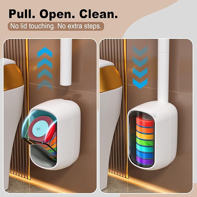 Disposable Toilet Brush with 35 Refill Pads, Auto-Open, Water-Activated Cleaning Heads, Wall-Mounted Toilet Kit for Bathroom & Tub