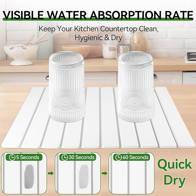 Large Stone Drying Mat for Kitchen Counter, 24"x16" Collapsible Diatomaceous Earth Drying Mat, Instant Absorbent Dish Drying Pad, Stone Drying Rack Space Saver Drying Board for Kitchen Sink, White
