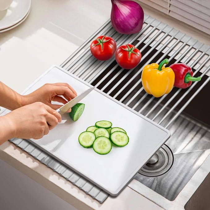 HANZENMA Roll Up Dish Drying Rack Over The Sink Kitchen Roll Up Sink Drying Rack Multipurpose Foldable Sink Drying Mat, Heat-Resistant, Anti-Slip & Anti-Rust Dish Rack for Kitchen, 20.5" x 13", Grey