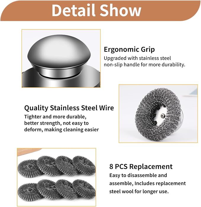 9Pcs Steel Wool Scrubber with Replacement Wire Sponge Pads Set, Stainless Steel Scrubber with Handle for Scouring Messes from Cast Iron, Frying pan, Pots, Pans, Grill, Stoves, Sink(1 Scrubber+8 Pads)