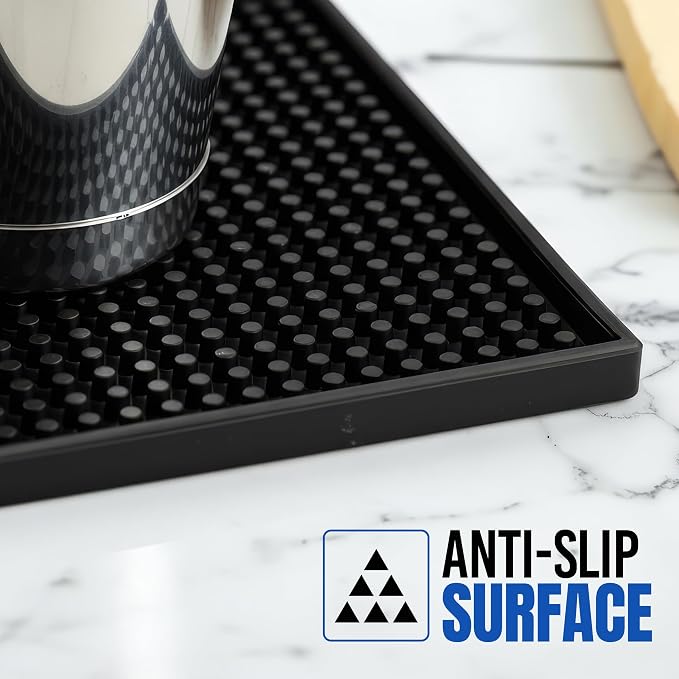 Standard Rubber Bar Mat for Countertop, 18 x 12 Inch Non Slip Bar Service & Dish Drying Mat, Heavy Duty Spill Protection Mat for Bartending, Coffee Bar, Kitchen & Home (Black, 1 Pack)