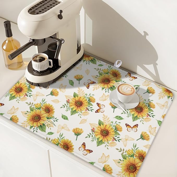 Sunflower Dish Drying Mat for Kitchen Counter Summer Yellow Floral Microfiber Dish Drainer Mat Rustic Farmhouse Absorbent Washable Drying Pad Extra Large 18"x24"