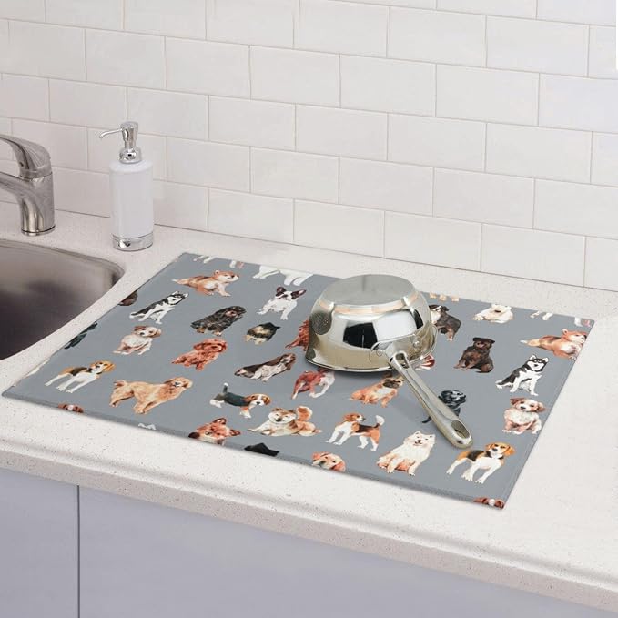Cute Puppy Dog Dish Drying Mat 18 x 24 Inch for Kitchen Counter Cute Kitchen Mat Microfiber Kitchen Countertop Absorbent Reversible Drainer Rack Pad Dish Drying Mat