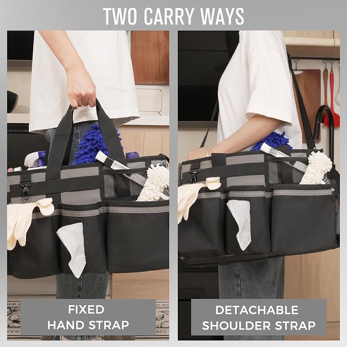 SCAVATA Wearable Cleaning Caddy, Cleaning Caddy Supplies Organizer with Handle & Shoulder Straps for Housekeepers, Under Sink & Car Cleaning Tool Organizers Bag with 4 Foldable Divider (MediumGrey)