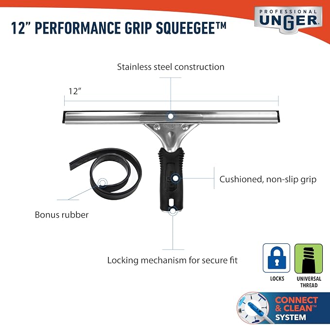 Unger Professional Connect & Clean Performance Squeegee for Glass & Window Care with Replacement Rubber,Heavy Duty Cleaning Supplies with Streak-Free Results,Handheld Cleaner Tool, 12 Inch(Pack of 10)