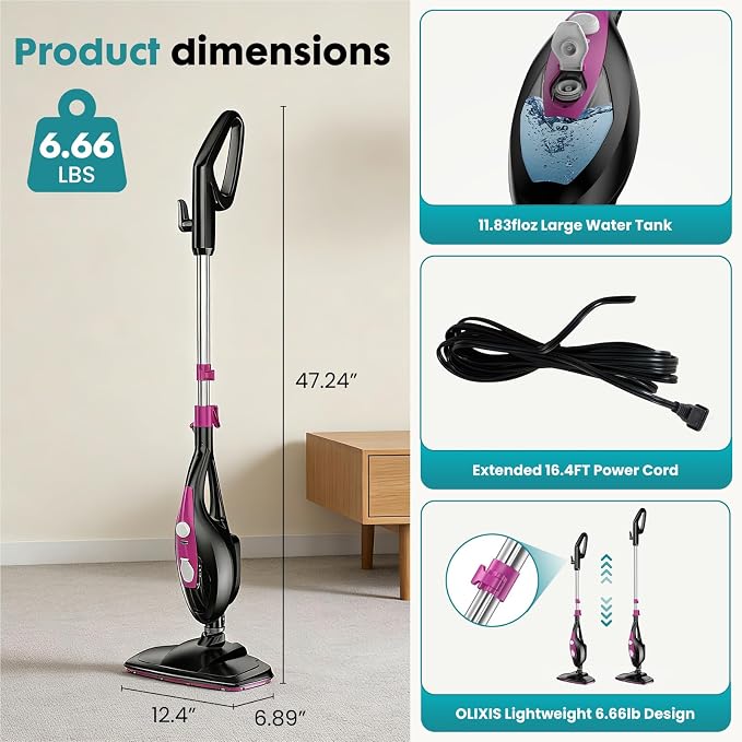 DUMOS 10-in-1 Multifunctional Steam Mop, 1550W Detachable Handheld Steam Cleaner, 16FT Power Cord with 2 Reusable Pads, Floor Steamer for Hardwood, Tile, Carpet, Grout, Windows