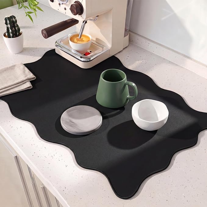 Nuanchu Black Scalloped Dish Drying Mat for Kitchen Counter, Waterproof Easy Clean Non-slip Coffee Bar Station Accessories, Trendy Cute Aesthetic Modern Drainer Kitchen Drying Mat, 12" x 19"