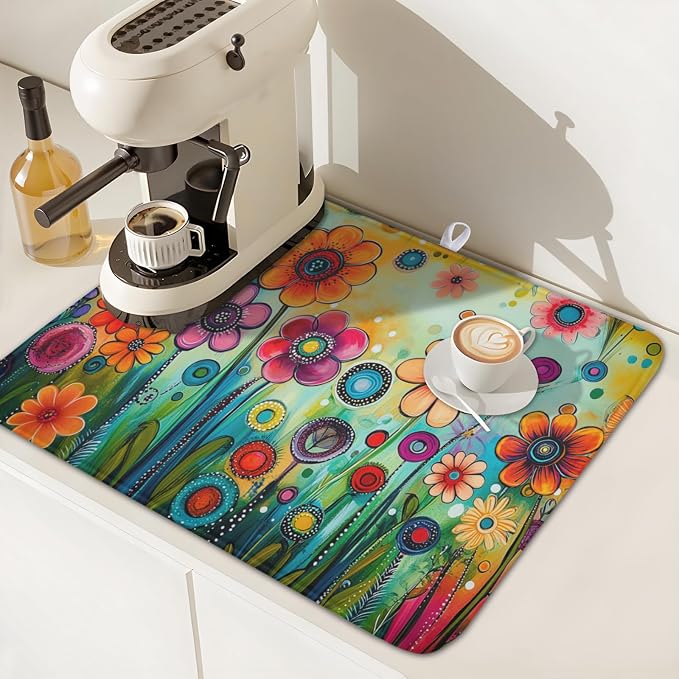 Abstract Colorful Floral Dish Drying Mat for Kitchen Counter Spring Summer Flower Microfiber Dish Drainer Mat Rustic Absorbent Washable Drying Pad 16"x18"
