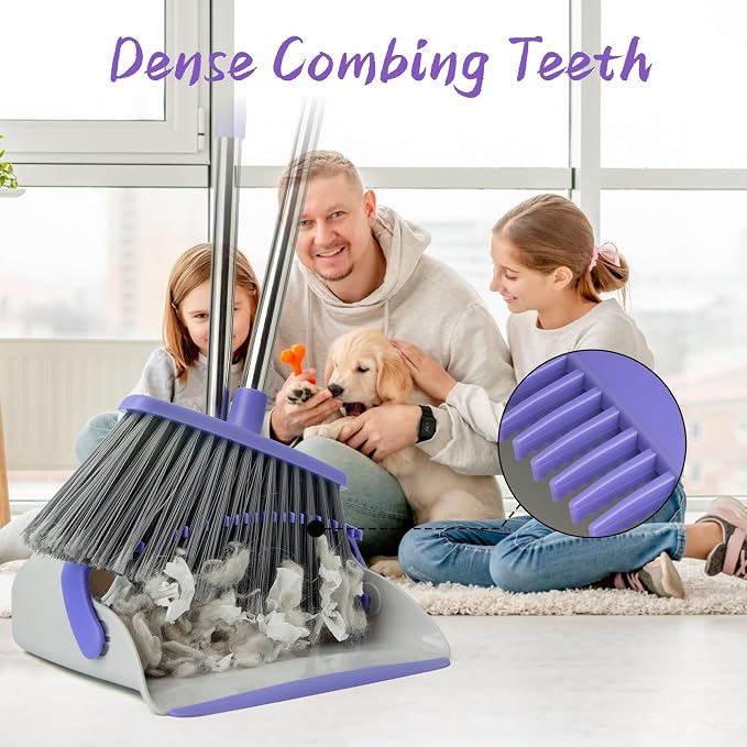 Broom and Dustpan Set with 51" Adjustable Long Handle-Gray Purple | Long Handle and Standing Dust Pan with Comb Teeth, Efficient Floor Cleaning for Kitchen, Outdoor, Dorm, Apartment, Office