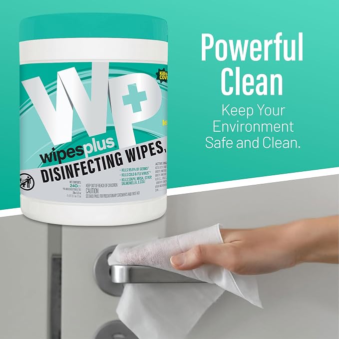 WIPESPLUS Disinfecting Surface Wipes Canister Bleach Free with Lemon Scent for Home and Business, 240 Count