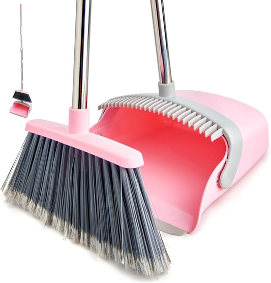 Broom and Dustpan Combo Set,51" Long Handle,Gray Pink | Heavy Dust, Dustpans with Broom Combo for Home, Kitchen, Office, Classroom,Apartment, Pet Hair