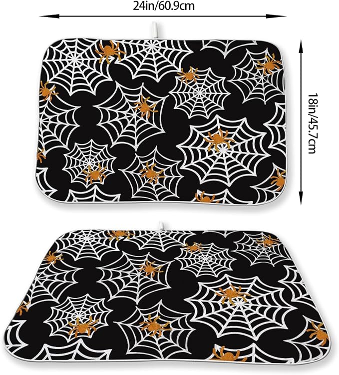 Halloween Dish Drying Mat 18 x 24 Inch Spider Web Drying Mat for Kitchen Counter Absorbent Spiders Black Dishes Dry Pad for Drainer Rack Kitchen Fast Dry
