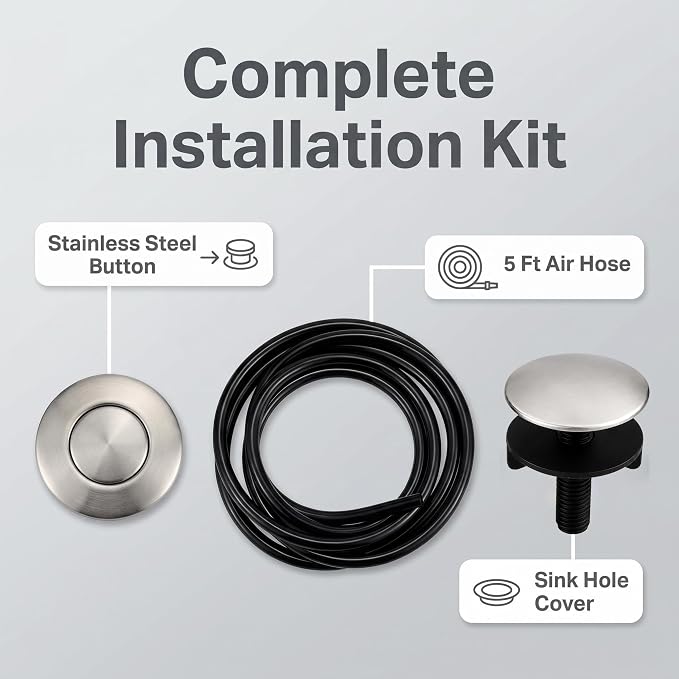 Garbage Disposal Air Switch Button Kit with 5ft Air Hose & Sink Hole Cover, Sink Top Push Button Replacement, Stainless Steel Waterproof Air Activated Switch for Kitchen Disposal, Universal Fit