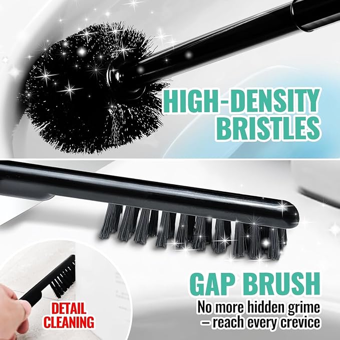 FORASTO 4 in 1 Toilet Brush and Plunger Set, Long Handle Combo, 2 Pack | Dark black bathroom cleaning tools with holder. Includes crevice brush for deep toilet bowl scrubbing.