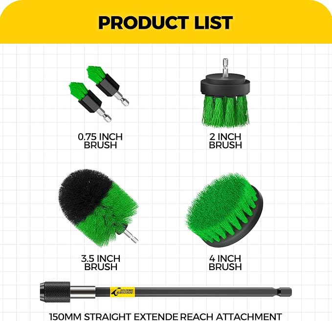 Holikme 6Pc Drill Brush Set - Scrub Brushes with Extension for Home Clean | 5 Head Sizes, Green Nylon Fibers, Power Scrubber Attachments for Tile, Tub, Shower, Floors, Kitchen and Auto Interior Care