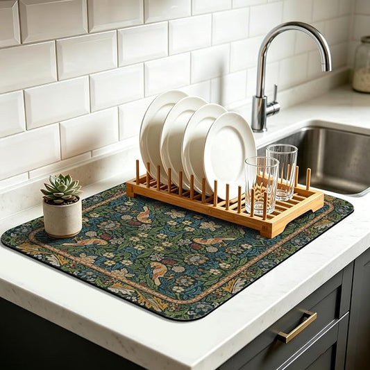 Vintage Floral Dish Drying Mat 18x24 Inch, Dish Mat Drying Kitchen Mats for Extra Large Absorbent Countertop, Aesthetic Boho Drying Matt Kitchen Counter Washable Heat Resistant Dish Drainer Rack Mat