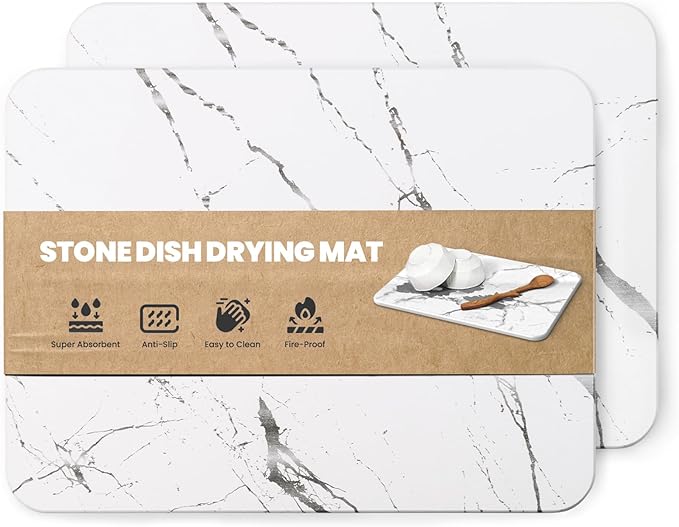 WALL 2 Pack Quick Dry Stone Drying Mat for Kitchen Counter, Water-Absorbent Diatomaceous Dish Drying Mats, Multi-Purpose Stone Drying Tray for Cups Dishes Bottles, Pearl White-Marble