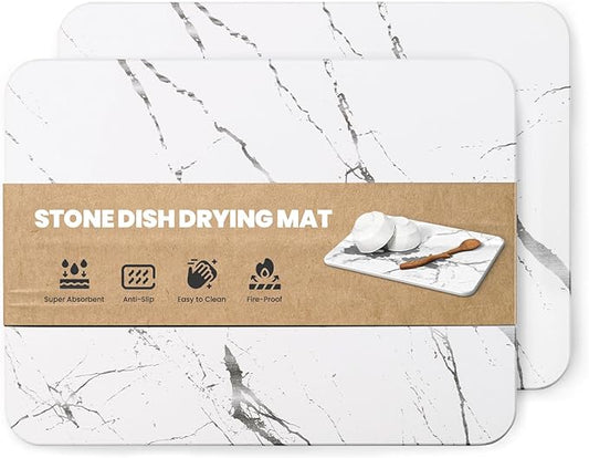 WALL 2 Pack Quick Dry Stone Drying Mat for Kitchen Counter, Water-Absorbent Diatomaceous Dish Drying Mats, Multi-Purpose Stone Drying Tray for Cups Dishes Bottles, Pearl White-Marble