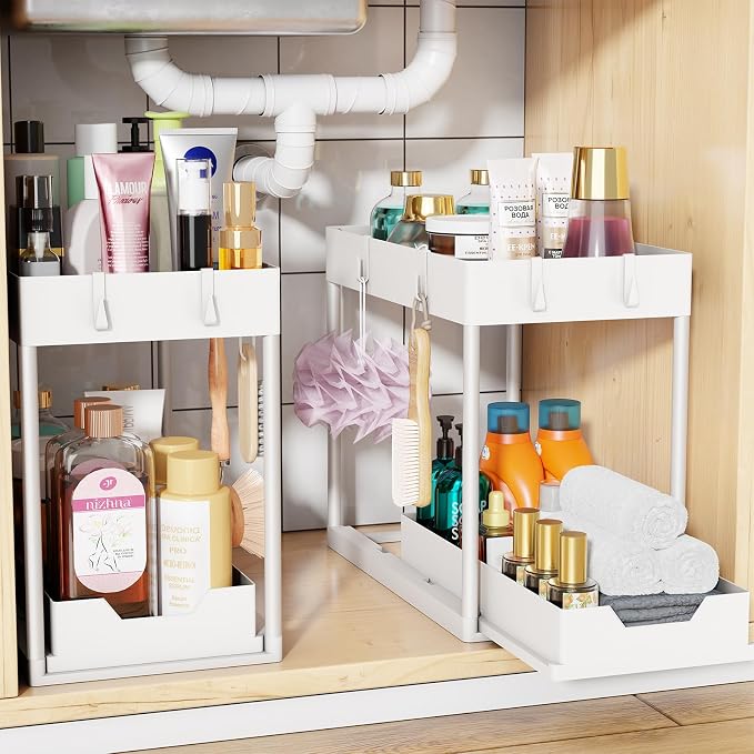 Simple Trending Under Sink Organizer 2 Pack, Sink Pull-Out Sliding Storage Cabinet, 2-Tier Under Shelf Organizer for Kitchen Bathroom, White
