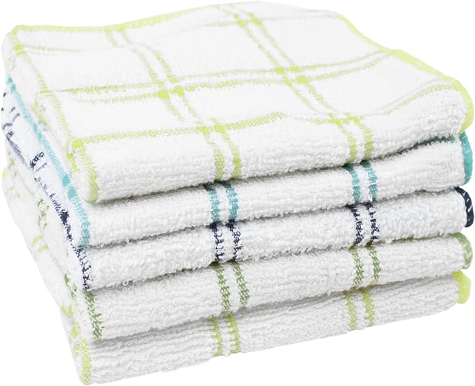 Ritz 100% Cotton 12-inch x 12-inch Kitchen Dish Towel, Gentle Cleaning Wash Cloth with Poly Scour Side, 5-Pack, Cool