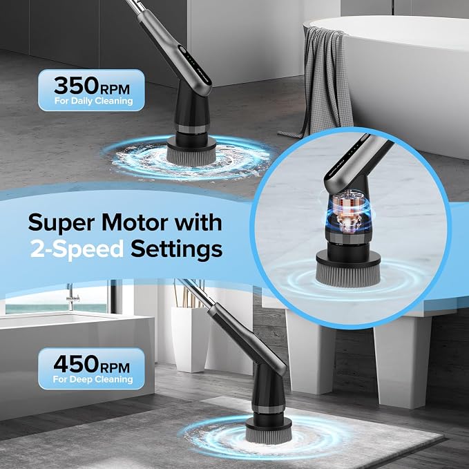 Electric Spin Scrubber, 10-in-1 Shower Scrubber & Retractable Long Handle, 44 lbs High-Torque & Variable Speed Shower Cleaning Brush for Bathroom,Toilet, Bathtub, Kitchen, Tile Floors,