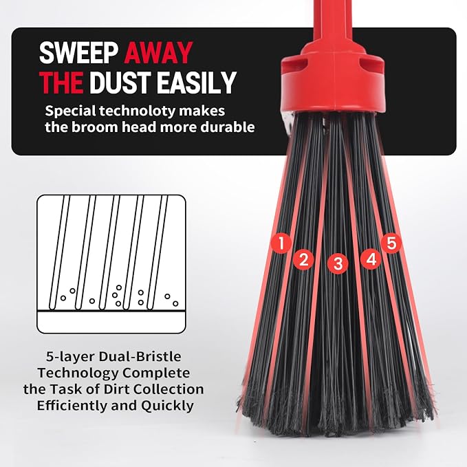 Commercial Broom and Dustpan Set,Heavy Duty Broom Set,Jumbo Debris Dustpan | Dustpan (14inch*14inch) , Broom(14inch Width) ,Trash Collection for Commercial /Industrial Cleaning ,2Sets, Red