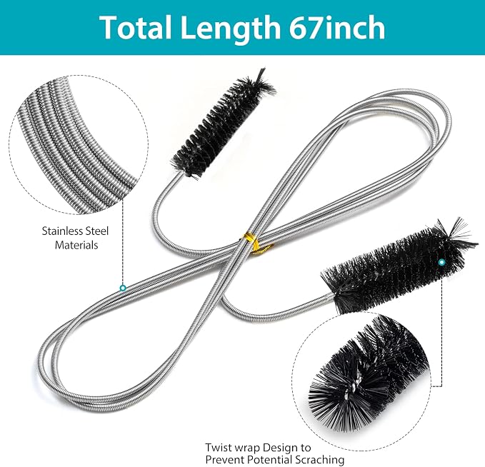 RayTour Extra-Thick Drain Brush with Stronger Spring - 67-Inch Flexible Pipe Cleaning Tool - Dual Bristle Heads - Ideal for Curved Pipes and Slim Holes – Black
