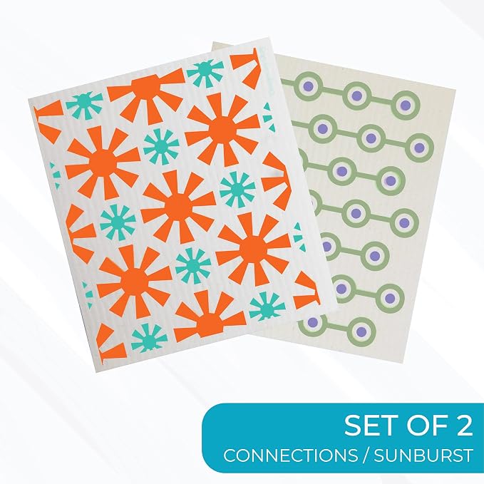 Skoy Cloth 2-Pack Eco-Friendly & Reusable Swedish Dishcloth, for Kitchen & Household Use, Plastic-Free Packaging, Dishwasher Safe, Designer Series – Connections/Sunburst, White Skoy Cloth