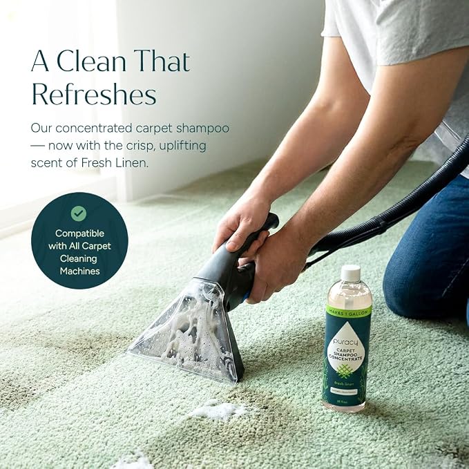 Puracy Carpet Cleaner Solution - Carpet Shampoo, Pet Stain & Odor Remover, Rug & Upholstery Cleaner, 4X Concentrated, Low Foam Shampooer Formula, Fresh Linen, 25oz