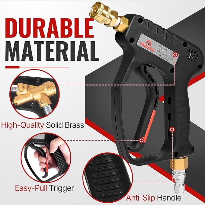 YAMATIC Short Pressure Washer Gun with Swivel, 5000 PSI Power Washer Wand Stubby Trigger Handle with 3/8" Plug & M22-14mm Male Inlet, 1/4" Quick Connect Outlet for Foam Cannon Car Wash