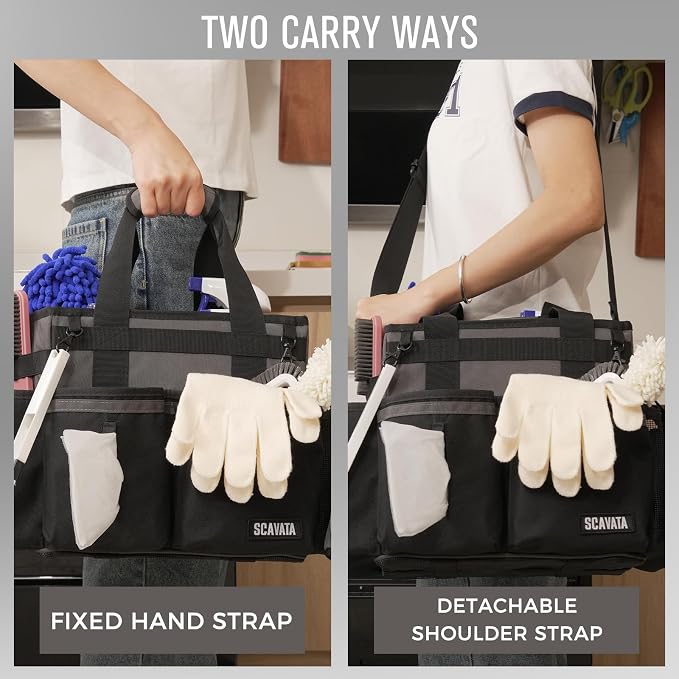 SCAVATA Compact Wearable Cleaning Caddy with Handle & Shoulder Straps | Small Cleaning Supplies Organizer, Under Sink & Car Cleaning Tools Storage Bag for Housekeepers Cleaners, DarkGrey