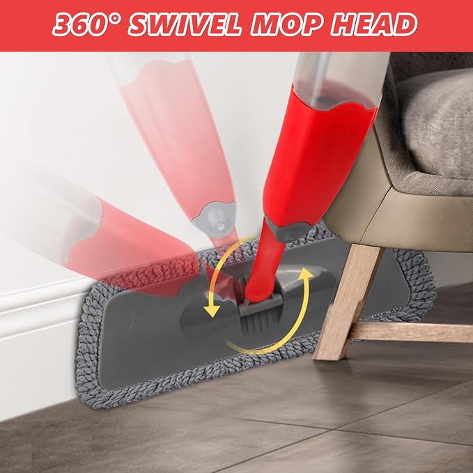 HOMTOYOU Dust Mop for Hardwood Floors: Microfiber Spray Mop for Cleaning | 3 Pcs Washable Reusable Pads, 1Pcs 400+ML Refillable Bottle, 360-Degree Swivel Mop, Red & Gray