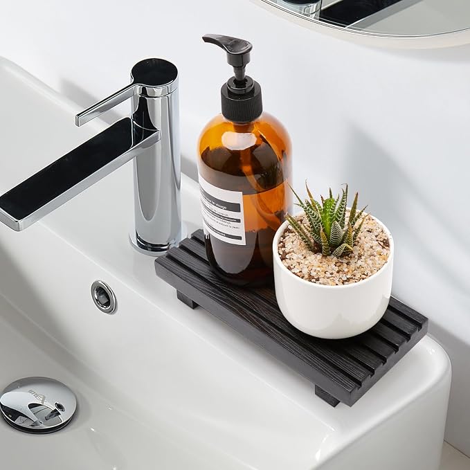 Black Bathroom Tray for Sink Decor Kitchen Counter Wood Pedestal Soap Dish | Small Sponge Holder Soap Dispenser Wooden Risers Restroom Decor Kitchen Accessories Countertop Mens Spa Vanity Toilet Tray