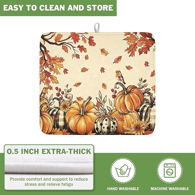 Fall Orange Pumpkin Dish Drying Mat for Kitchen Counter 16 x 18 Inch Autumn Maple Leaf Dish Drainer Mat Absorbent Microfiber Thanksgiving Harvest Dish Rack Pad for Coffee Dining Bar Decor