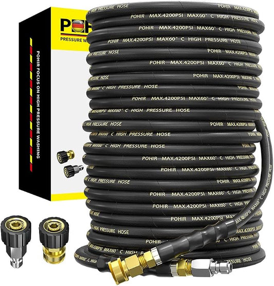 Power Washer Hose 100FT with 3/8'' Quick Connect, High Tensile Wire Braided Car Wash Water Hose with 2 Quick Connect Kits Compatible M22 14 mm, 1/4 Inch Hose for Pressure Washer, 4200 PSI | 2pcs 3/8'' QC to M22 14mm Adapters, 4200PSI Steel Wire Power W...