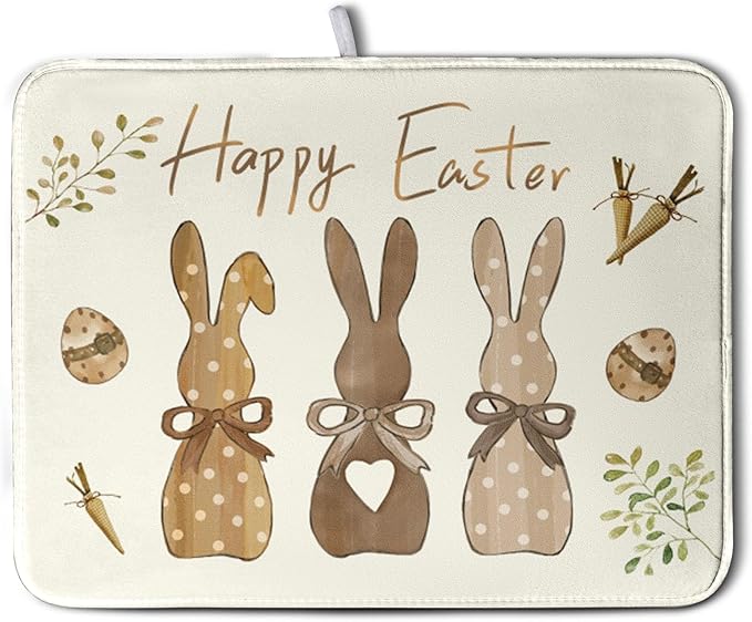 Happy Easter Bunny Dish Drying Mat Rabbits Egg Carrot Dish Pad for Kitchen Counter 18x24 Inch Microfiber Absorbent Spring Bufflao Plaid Dish Draining Mat Reusable Washable Dish Drainer Rack Mat