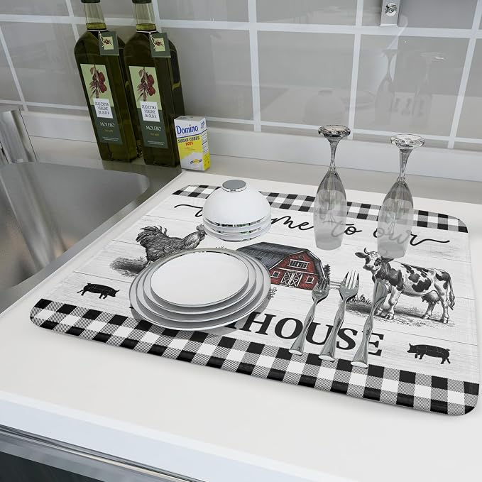 Farmhouse Barn Dish Drying Mat 18x24 Inch Cow Rooster Absorbent Microfiber Dish Drainer Rack Pad Bottles Protector for Kitchen Counter