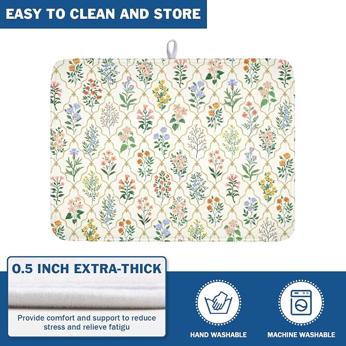 Floral Dish Drying Mat for Kitchen Counter Spring Summer Wild Flowers Diamond Pattern Microfiber Dish Drainer Mat Rustic Absorbent Washable Drying Pad Extra Large 18"x24"