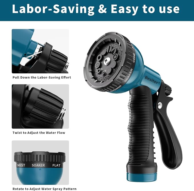 Besiter Garden Hose Nozzle Sprayer 10 Watering Patterns Spray Nozzles Heavy Duty Hose Head Lightweight Hose Attachment 2 Pack Bluegreen