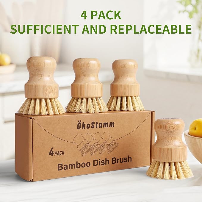 4 Pack Bamboo Dish Brush, Dish Scrubber Brush with Sisal Bristle, Natural Scrub Brush for Kitchen Cleaning Dishes, Pots, Pans, Bottles, Vegetables