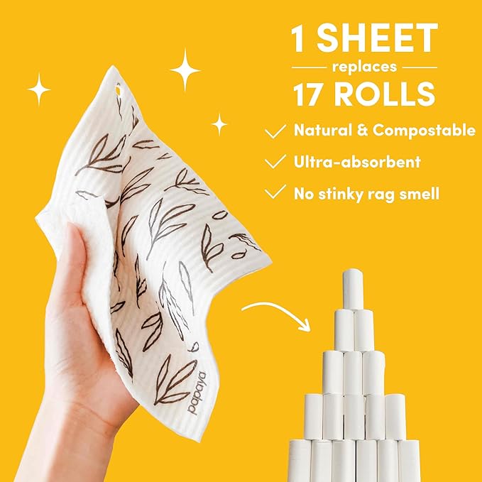 Papaya Swedish Dishcloths for Kitchen, 2 Reusable Paper Towels, 1 Hook