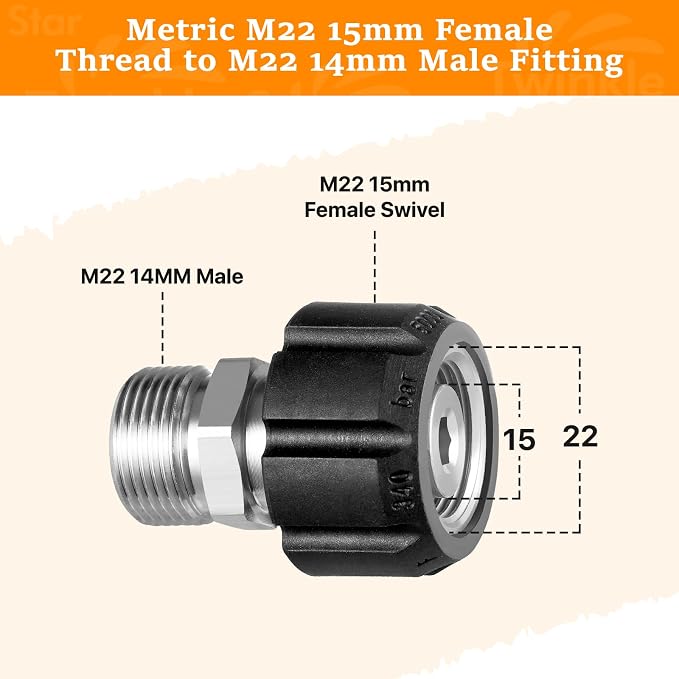 Twinkle Star Pressure Washer Adapter Set, Stainless Steel, 9 Sets | Quick Disconnect Kit, M22 14mm Quick Connect Swivel to 3/8" Fittings, 3/4" to Quick Release