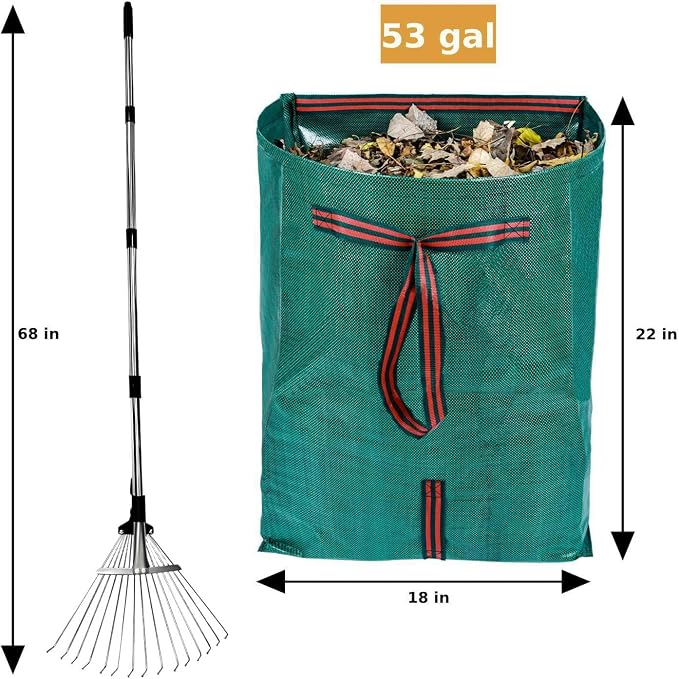 RISETEX Leaf Rake with 53 Gal Leaf Bags, Expandable Heavy Duty Metal Set | Dustpan-type Yard Waste bags, long steel handle Rake for leaves, for lawns, shrubs, grass, yard cleanup, gardening