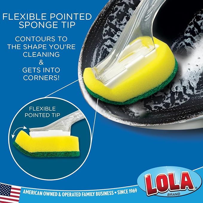 LOLA Soap Dispenser Dish Brush Wand, Absorbent Sponge Scrubber, No Leaking. Clean Dishes, Sinks and Cookware, 1 Brush w/Head